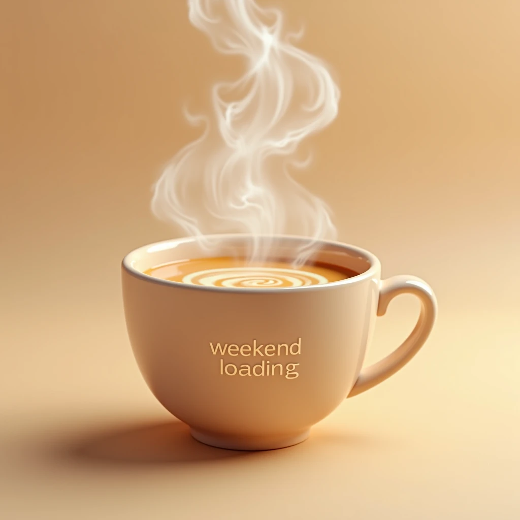 a cup of hot milk tea with a word "weekend loading". Make it 3D and nice background 
