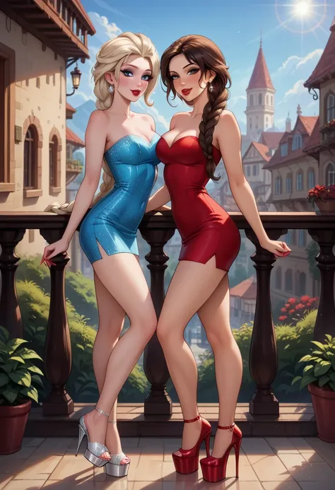 score_9, score_8_up, score_7_up, 2girls, duo, beautiful waifu, sexy (Elsa, blonde, long flowing hair, red lipstick:1.3), wearing (tight top, sleeveless, strapless, tucked in, bare shoulders, bare arms:1.2), (short skirt:1.1), platform stiletto heels, natur...