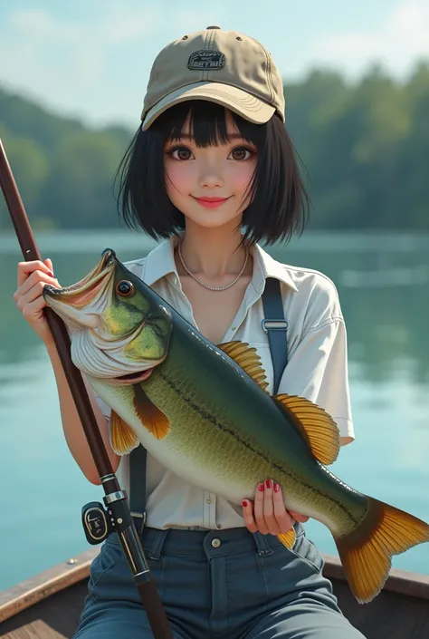  high resolution,  smiles,  Shortcut,Disheveled Black Hair , beautiful Japanese woman 、 cap、fishing rod with reel、
 Proximity Method,  Proximity Method,  American Style Posters ,  widescreen,  bass fishing、boat　 surrealism ,  realism ,  8k octane ,  Super ...