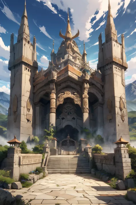  anime style,   ** The Grandir Free Fortress **  is an architectural marvel ,  The servants of the fortress are famous for their ability to use the sword .  This fortress ,  built of strong gray stone ,  radiates power and security ,  as if nature itself g...