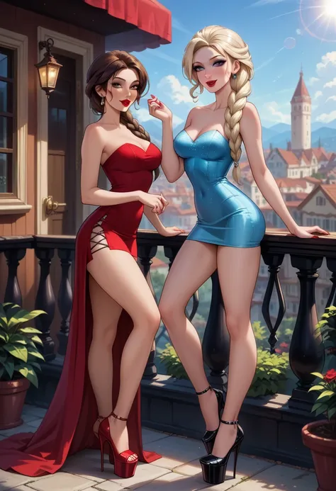 score_9, score_8_up, score_7_up, 2girls, duo, beautiful waifu, sexy (Elsa, blonde, long flowing hair, red lipstick:1.3), wearing (tight top, sleeveless, strapless, tucked in, bare shoulders, bare arms:1.2), (short skirt:1.1), platform stiletto heels, natur...