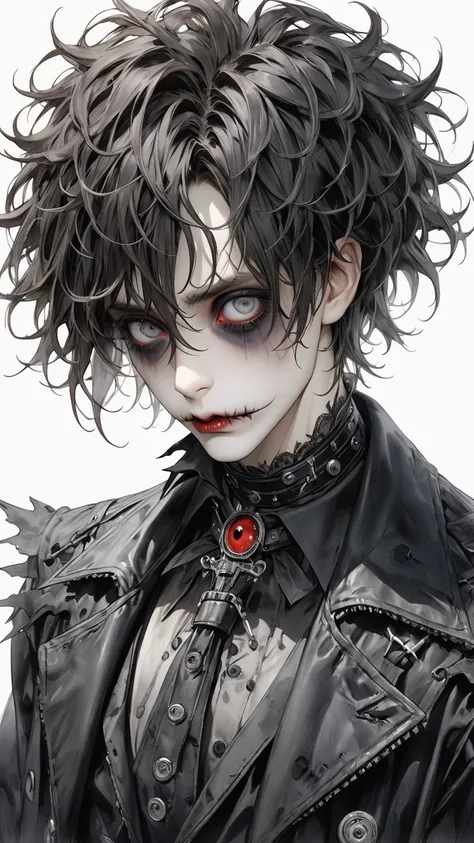  high resolution ,  Masterpiece,  accurate,   top quality,   high resolution model,   high detail, Anatomically  accurate,  Norman Rockwell &  Tim Burton style 、 Watercolor touch、  edward Scissorhands 、male、Alone,  fantasy、 horror、 darkness、Gothic、