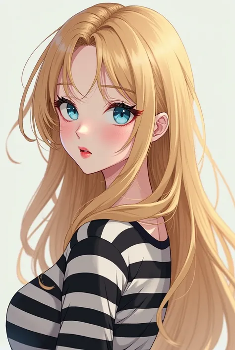  Make a Korean girl with sky blue eyes ,  fair skin, Red lips,  long blond hair, black and white striped top ,  and who is medium in height anime version