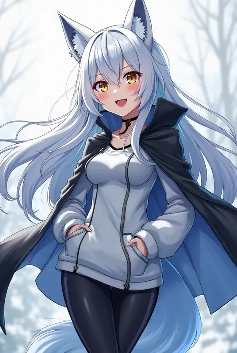 ( top quality,  league player ,  official art , beautiful and aesthetic :1.2) female anime, wolf girl, rebellious girl, long white hair with bangs covering the right side of the face,  golden eyes,  white wolf ears , voluminous blue tail ,  voluminous whit...