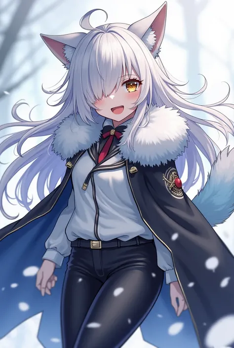 ( top quality,  league player ,  official art , beautiful and aesthetic :1.2) female anime, wolf girl, rebellious girl, long white hair with bangs covering the right side of the face,  golden eyes,  white wolf ears , voluminous blue tail ,  voluminous whit...