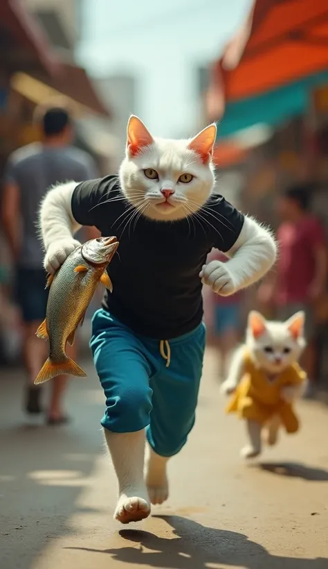 In the bustling market, the muscular white cat, wearing a plain black t-shirt and funky blue pants, runs powerfully through the crowded streets. His strong legs carry him swiftly as he grips a large, fresh fish tightly in his hands. The kitten, wearing a f...