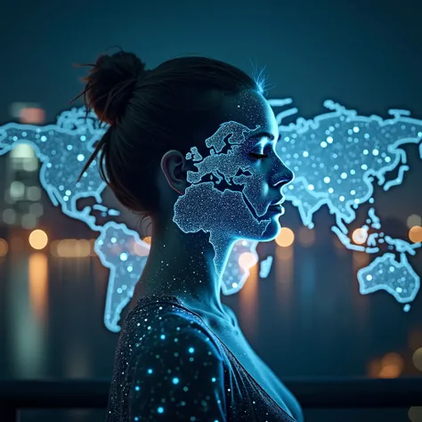 A futuristic digital composite of a woman's side profile blended seamlessly with a glowing, holographic world map made of interconnected data points and light trails. The background showcases a modern city skyline at night, illuminated by skyscrapers and n...