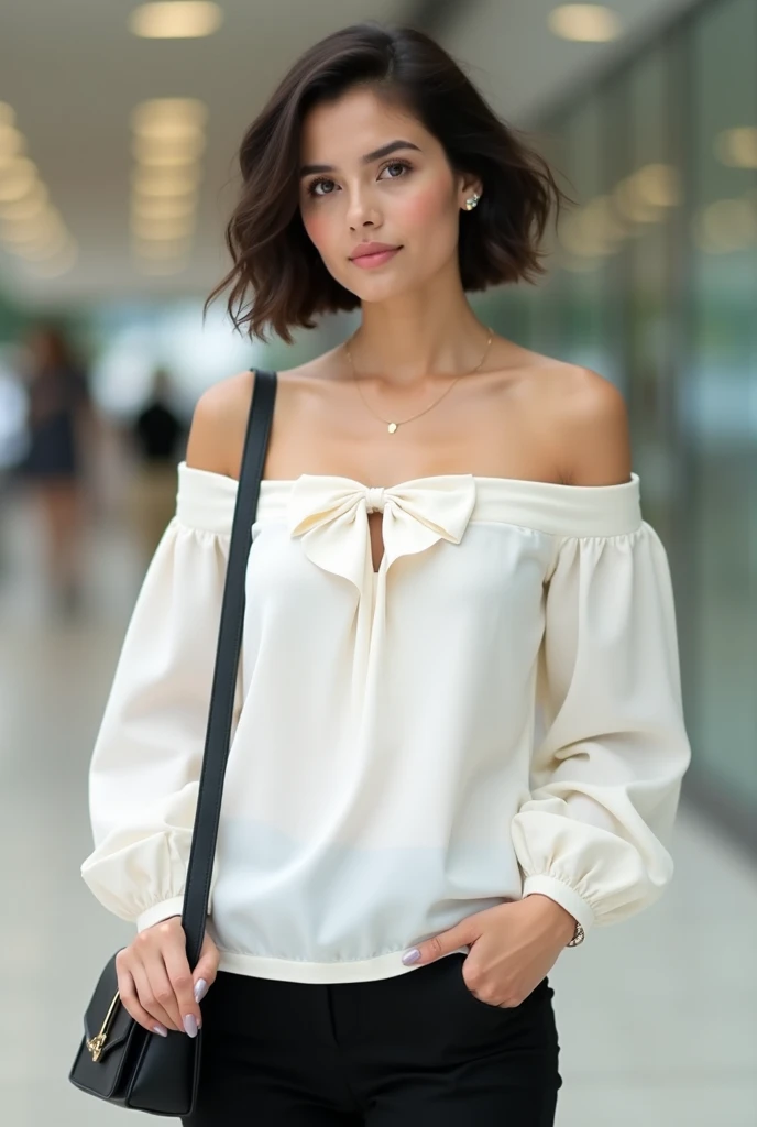 an woman with short, dark hair and are wearing an off-shoulder white top with a bow design in the center. Their top exposes their shoulders and part of their chest. They're also wearing black pants and have one hand in the pocket, carrying a black shoulder...