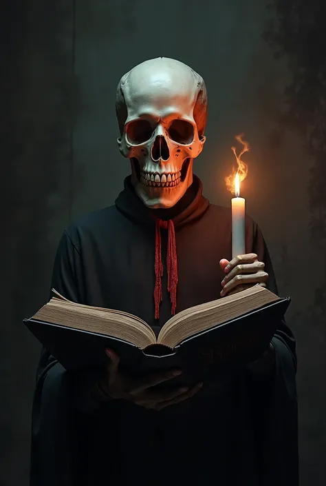 A skull with an open book and a burning candle in its hand and that the cover of the book says HORROR STORIES and that the background is darker and the candle is the only light 