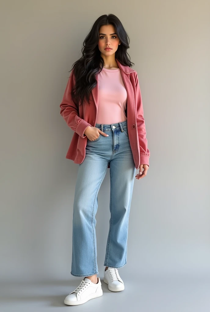 A Pakistan beautiful women cute white skin and Black hair and pink casual shirt full sleeve Pink and pink velvet jacket and light blue denim jeans pant and white shoe full outfits standing women high quality 8k uhd upscale 