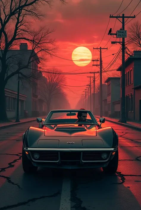 A man inside a black 1969 Corvette at a stop sign in the afternoon, eerie, nightmare, highest definition, highest detail, highest quality 