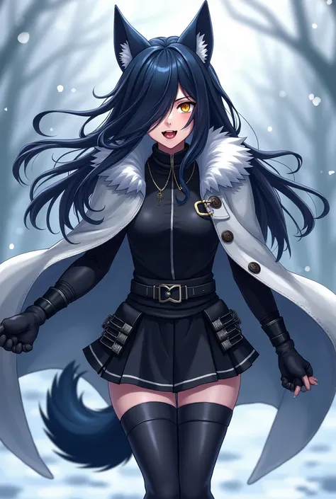 ( top quality,  league player ,  official art , beautiful and aesthetic :1.2) female anime, wolf girl, rebellious girl, long black hair with bangs covering the right side of the face,  golden eyes,  black wolf ears, voluminous blue tail ,  voluminous white...