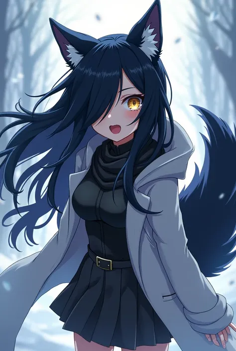 ( top quality,  league player ,  official art , beautiful and aesthetic :1.2) female anime, wolf girl, rebellious girl, long black hair with bangs covering the right side of the face,  golden eyes,  black wolf ears, voluminous blue tail ,  voluminous white...