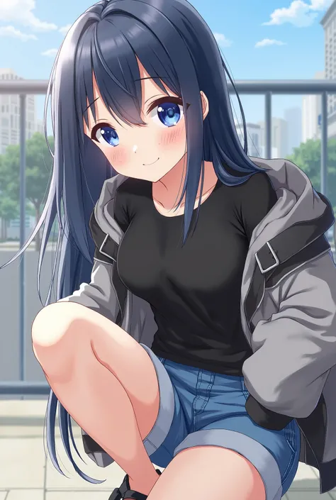 Anime girl with dark long blue hair and a black T-shirt with a light jacket that's Grey/black and opens up to show the shirt, and blue jean shorts crouching down, looking at the viewer. Her eyes are blue and she has a calm, friendly look on her face. The b...