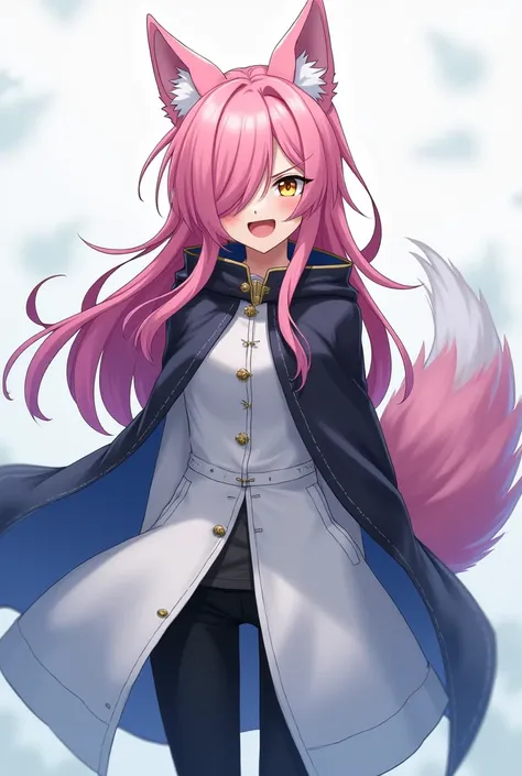 ( top quality,  league player ,  official art , beautiful and aesthetic :1.2) female anime, wolf girl, rebellious girl, long pink hair with bangs covering the right side of the face,  golden eyes, pink wolf ears, voluminous blue tail ,  voluminous white co...