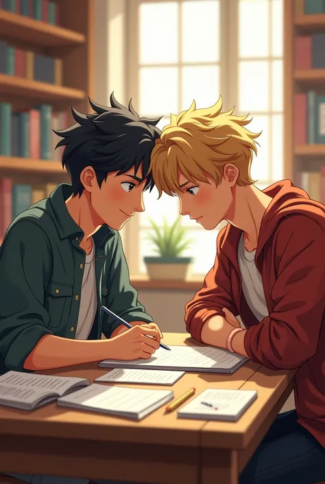 2 handsome high school boys studying