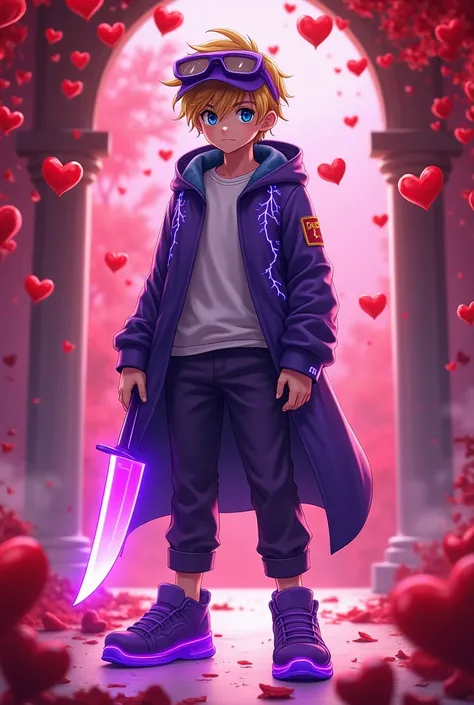 8K HD high quality image. Full Body Photo. Valentine studio background. Standing in his full height from head to toe. Make an anime art style. 15-year old young boy. Wearing a purple visor. Blonde hair. Blue eyes. Purple coat with blue lightning designs on...