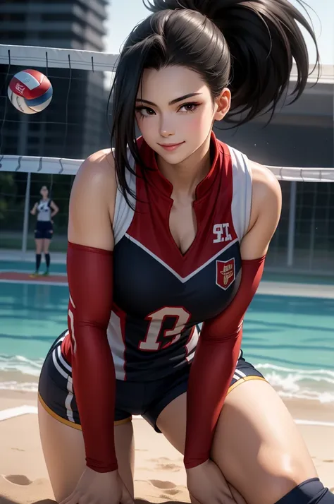 realistic 1.2,  shy smile ,  big breasts , 1, ((Momo Yaoyorozu is sending a volleyball uniform , regatta, neckline, shorts, knee pad, Sock)) ((Boku in the hero ))  she has an extremely sexy body , com  big breasts  e cintura fina, and extremely sexy body, ...