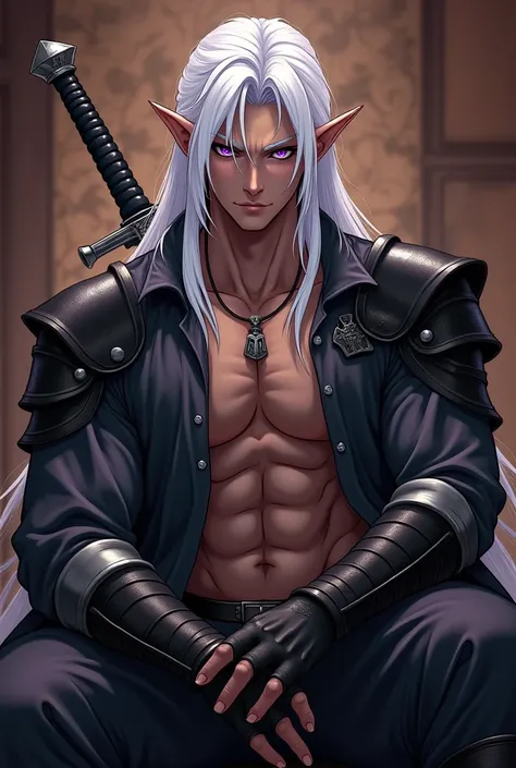 (Manhwa style),(Dark Elf),(Handsome),(Ripped and Toned Body),(muscular), (a warrior)(Medieval fantasy Theme), (Tavern Background),(White Hair),(Dark Purple Eyes),(medieval theme),(With dual sword in the back),(Long Hair),(Shirt buttons open showing abs mus...