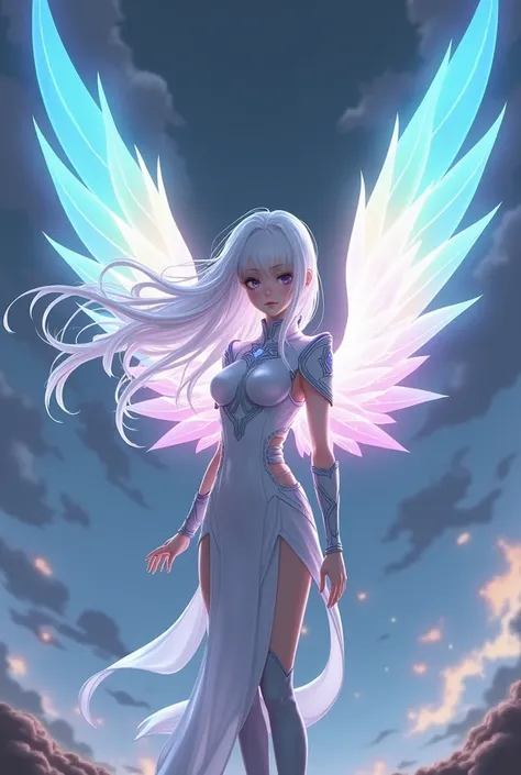 a girl with white hair, violet eyes, in a flexible modest magical armour with two wings of rainbow light, wings are similar to the one satelizer has from freezing,