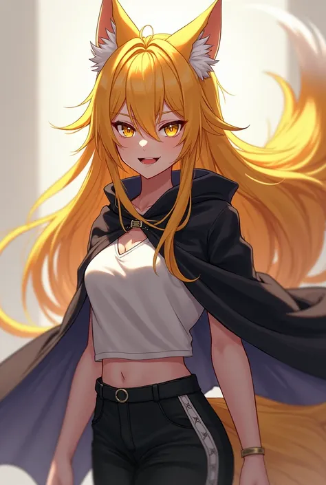 ( top quality,  league player ,  official art , beautiful and aesthetic :1.2) female anime, wolf girl, rebellious girl,  long yellow hair with bangs covering the right side of the face,  golden eyes,  yellow wolf ears , voluminous yellow tail ,  voluminous...