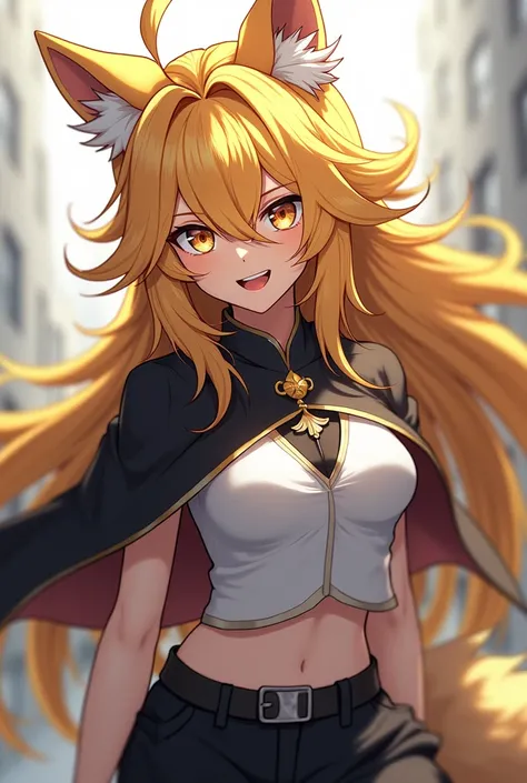 ( top quality,  league player ,  official art , beautiful and aesthetic :1.2) female anime, wolf girl, rebellious girl,  long yellow hair with bangs covering the right side of the face,  golden eyes,  yellow wolf ears , voluminous yellow tail ,  voluminous...