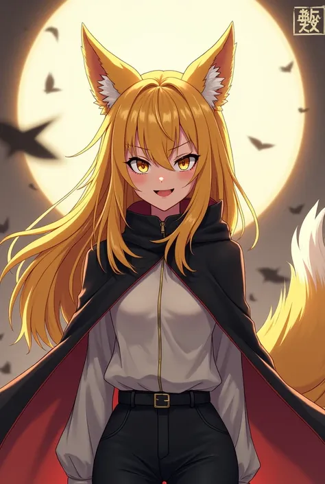 ( top quality,  league player ,  official art , beautiful and aesthetic :1.2) female anime, wolf girl, rebellious girl,  long yellow hair with bangs covering the right side of the face,  golden eyes,  yellow wolf ears , voluminous yellow tail ,  voluminous...