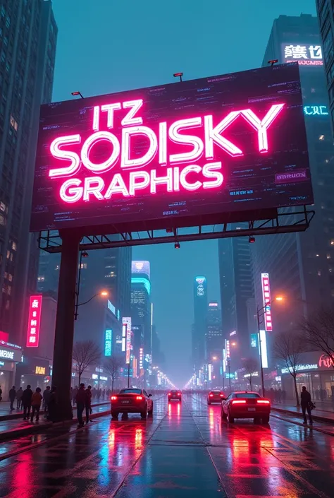 Futuristic Neon City Billboard
A cyberpunk-style city at night, glowing neon signs reflecting off wet streets. A massive 3D holographic billboard floats in the sky, displaying “ITZ SODISKY GRAPHICS” in a sleek, metallic font with digital glitch effects. Fl...