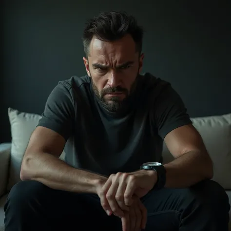 wide shot of an angry man looking at their watch while sit at sofa. realistic, RAW Photo, 8K, HDR