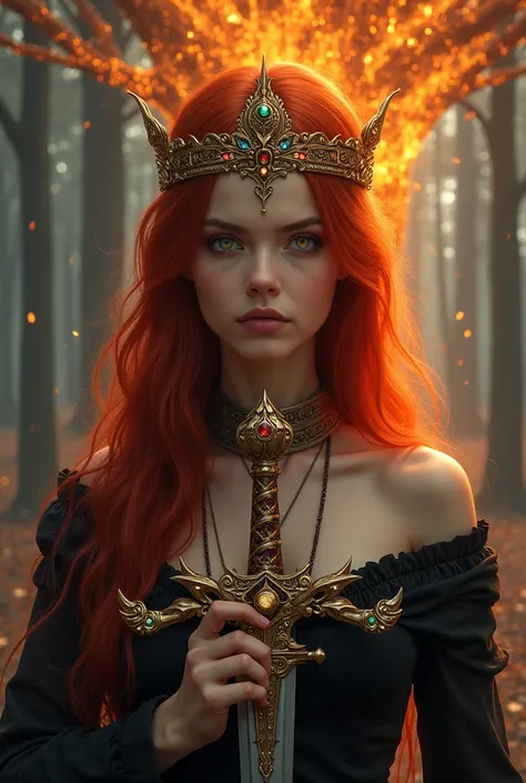 Red-haired woman with her left eye white and right red wearing a tiara holding a sword with a tree on fire in the back