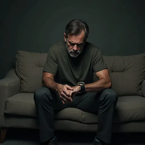 wide shot of an angry man looking at their watch while sit at sofa. realistic, RAW Photo, 8K, HDR