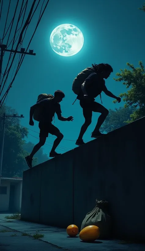 Two 20-year-old boys are jumping over a small wall under the moonlight at night with two sacks. Two mangoes were lying on the ground beneath the wall.

