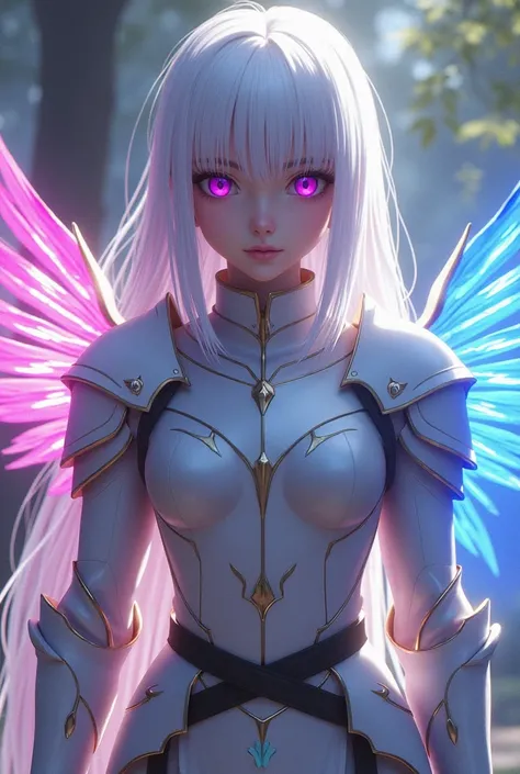 a girl with white hair, violet eyes, in a flexible modest magical armour with two wings of rainbow light, wings are similar to the one satelizer has from freezing, make the bottom portion of the armour less revealing