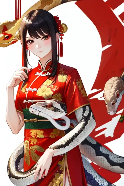 Snake cloth, red cloth, white snake, beautiful Chinese girl, in the new Chinese year (masterpiece, best quality:1.3)