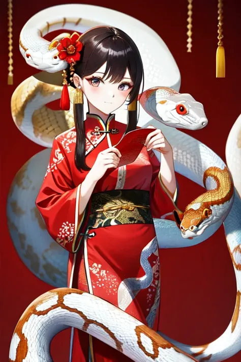 Snake cloth, red cloth, white snake, beautiful Chinese girl, in the new Chinese year (masterpiece, best quality:1.3)