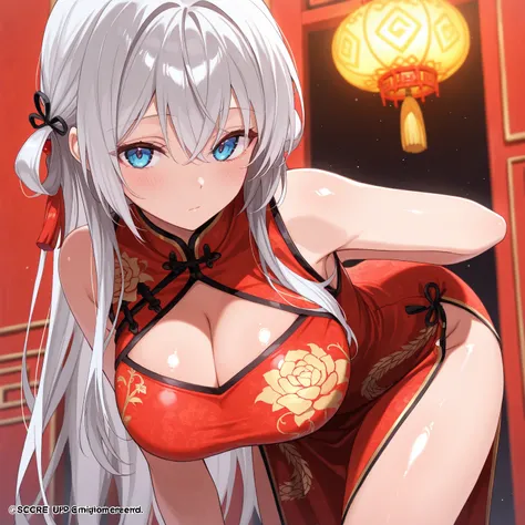 masterpiece, (((( best quality )))),1 girl, Japanese Anime ,,shiny skin, red china dress, silver hair,Half twin hair ,big breasts