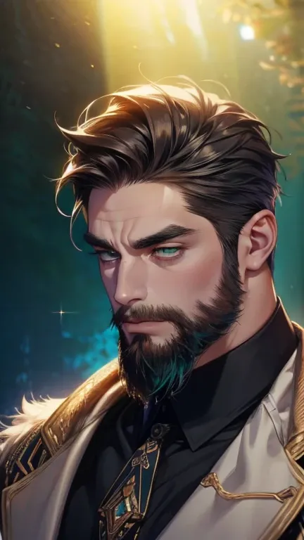 (   league player ,4K,8k,   highres,   masterpiece :1.2),   ultra-detailed  ,(realistic,photorealistic,photo-realistic:1.37),36-year-old man,3 day beard,Beautiful anime,Portraits,strong,Masculine,   with dark hair  ,sharp jaw,    mesmerizing green eyes   ,...