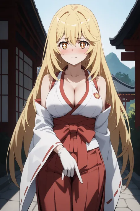 masterpiece,best quality,{{detailed beautiful face and eyes}}, very detailed background,
Misaki Shokuhou,{{{megami magazine}}},long hair,blonde hair,hair between eyes,yellow eyes,symbol-shaped pupils,white pupils,large breasts,white gloves,
(miko:1.1),{{re...