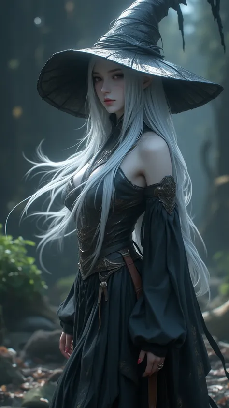   HD Image  ， Soul Witch  ，  Are Faceless，  White Hair  ，  Exquisite Shoulder Strap  ，  Floating skirt  ，  Wet Ribbon  ， Pointed Hat  ，Standing，  Warrior Goddesses ，  Mystery，supernatural，Natural magic