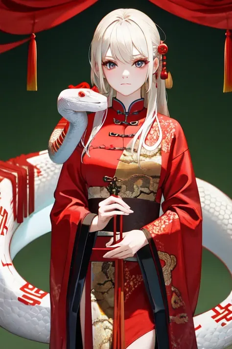 Snake cloth, red cloth, white snake, beautiful Chinese girl, in the new Chinese year (masterpiece, best quality:1.3)