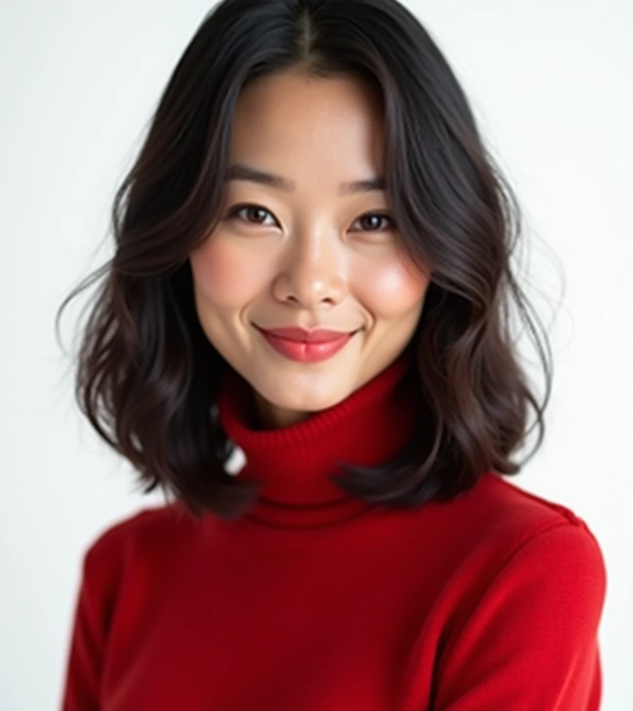 Realistics, Beautiful Asian woman 46 years, bob cut,  long hair, dark brown skin, Wear  a red jumper turtle neck, high resolution 4k,  Motion Lines, soft tones, looking at camera, The background is white , professional studio 