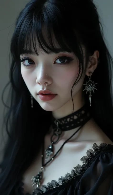 A close-up full body portrait of a 22-year-old woman with porcelain-white skin and long jet-black hair styled with straight bangs and long, flowing locks cascading down her shoulders. She has dark, captivating eyes, a gothic choker with intricate details, ...