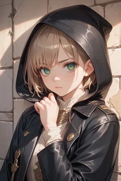 masterpiece, best quality, detailed eyes, semi realistic, 8k, green eye, black hood coat, wearing hood, light brown short cut hair, emotionless, lean against the wall, looking at viewer, fantasy, slum background, midnight background, solo charactor, empty ...