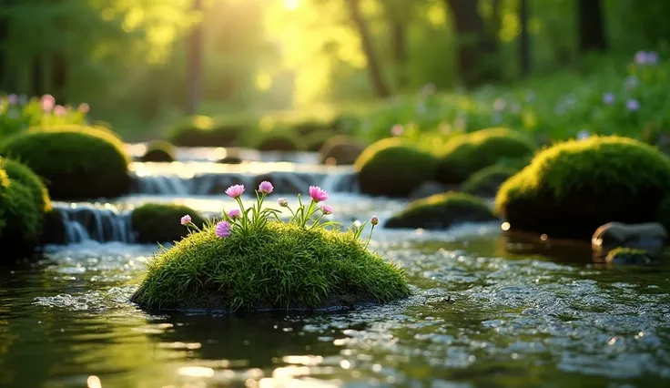 A serene brook winds through a lush green forest, cascading softly over moss-covered stones. A small island of moss emerges in the water, decorated with delicate pink and purple flowers. Sunlight streams through the trees, casting a warm golden glow over t...