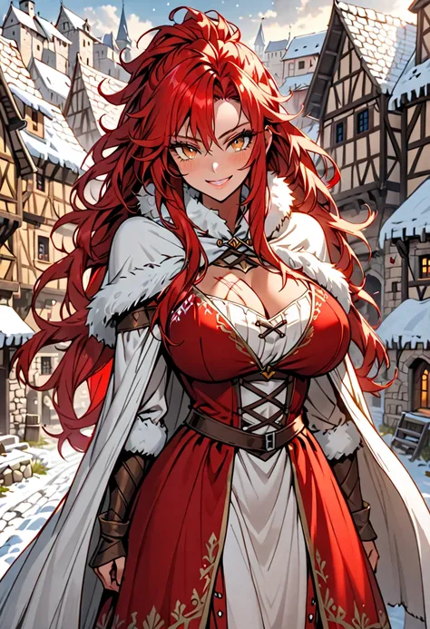 female,  alone,  long hair, wild hair,  red hair, scars,  golden eyes, Muscular:1.3, extremely high, giantess ,  Mischievous Smile Dress,  huge breasts, Village leader , tall female, medieval, small town,  winter, fur lining , tight to the body,  fur-lined...