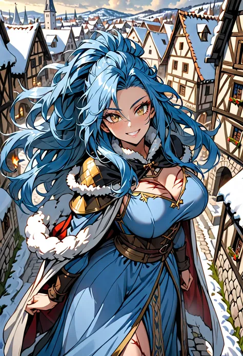 female,  alone,  long hair, wild hair,  blue hair, scars,  golden eyes, Muscular:1.3, extremely high, giantess ,  Mischievous Smile Dress,  huge breasts, Village leader , tall female, medieval, small town,  winter, fur lining , tight to the body,  fur-line...