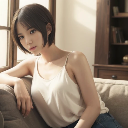 A woman with a sleepy expression in the living room, (very short hair:1.5), eyes half open, sitting on a sofa, wearing a white tank top and desert pants, full body visible, right shoulder exposed, pleasant home atmosphere, soft natural light A realistic di...