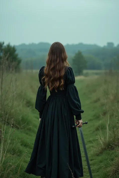  A mediaeval-type battlefield with green nature around,  in the middle of the image a girl with her back ,  with wavy brown hair , wearing a long black dress ,  the girl carries a sword in her right hand ,  and the image shows a greyish blue sky 