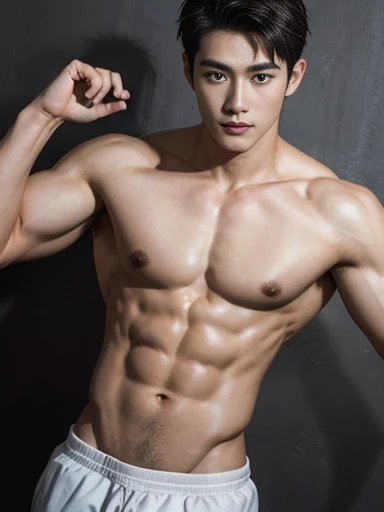 Two Japanese men, six pack, handsome, dark hair, 25 years old, nude, white skin, muscular, attractive, athletic, sexy, hugging, portrait