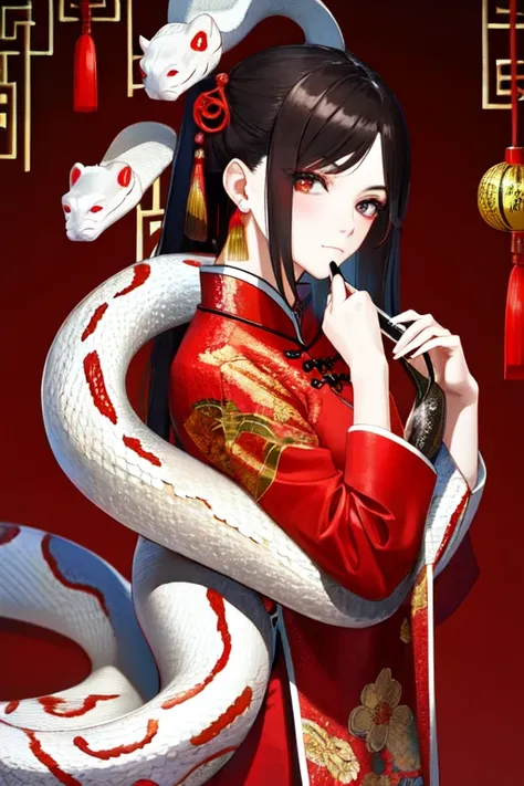 Snake cloth, red cloth, white snake, beautiful Chinese girl, in the new Chinese year (masterpiece, best quality:1.3)